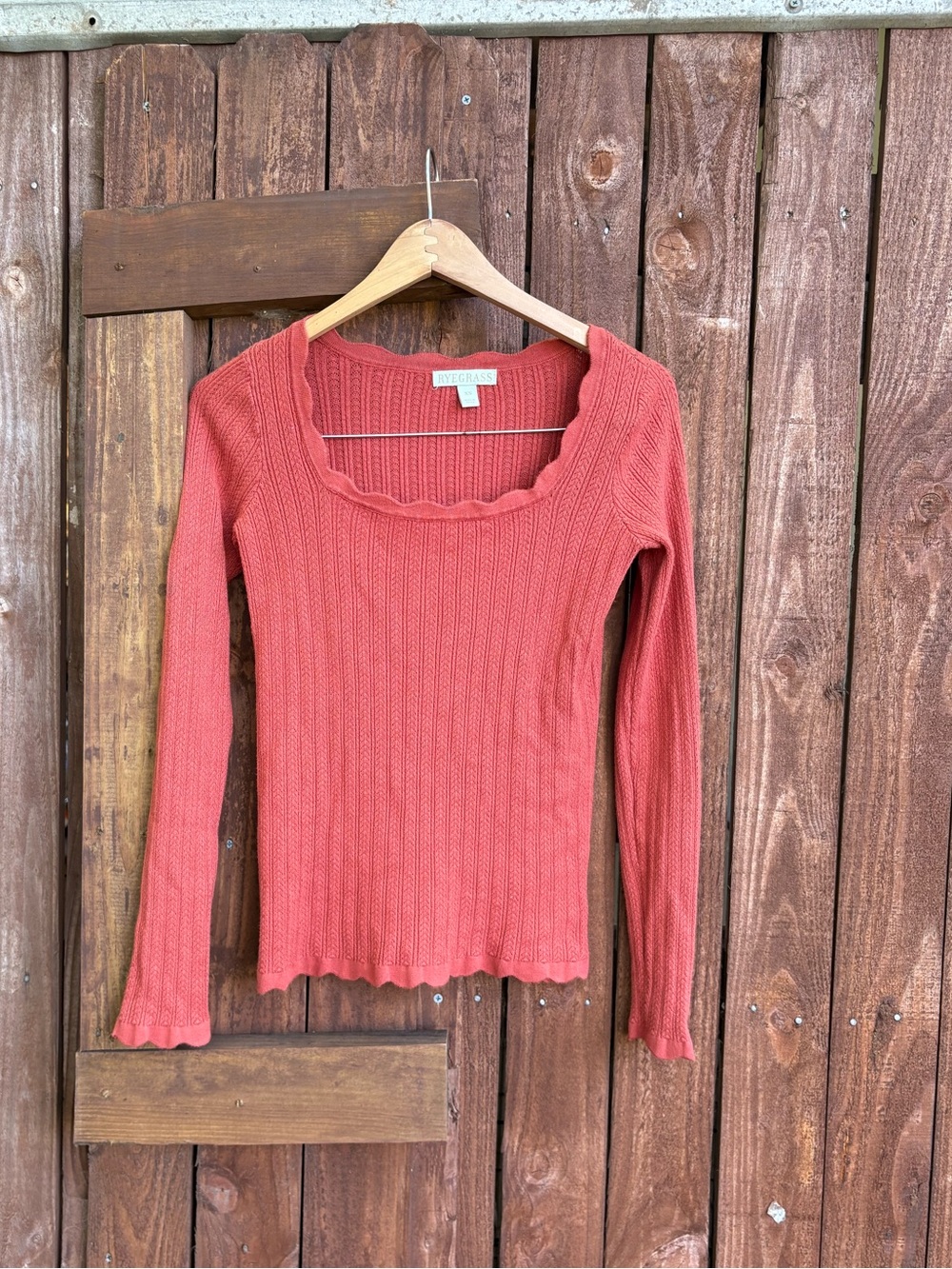 Ryegrass Burnt Orange Terracotta Scallop Hem Knit Long Sleeve
